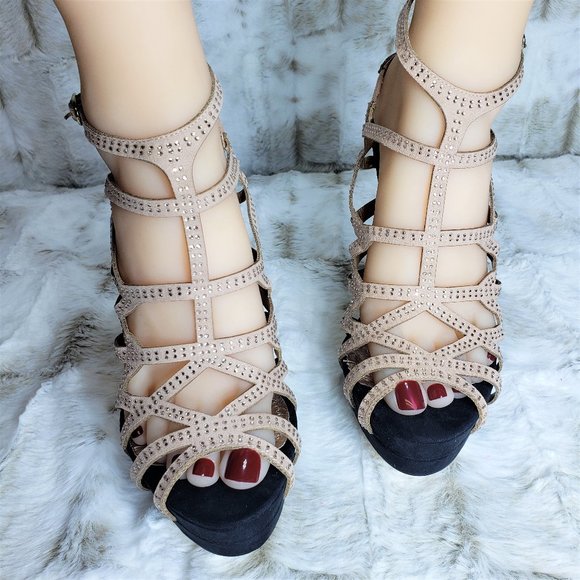 ☆ Nude Rhinestone Strap Platform High Heel Shoes Sandals Size 9 - Picture 2 of 10